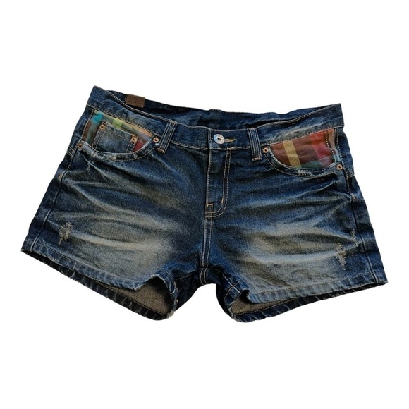 DINKY Denim Shorts With Plaid And Distressing Dark Wash  - Size Medium - Picture 1 of 12